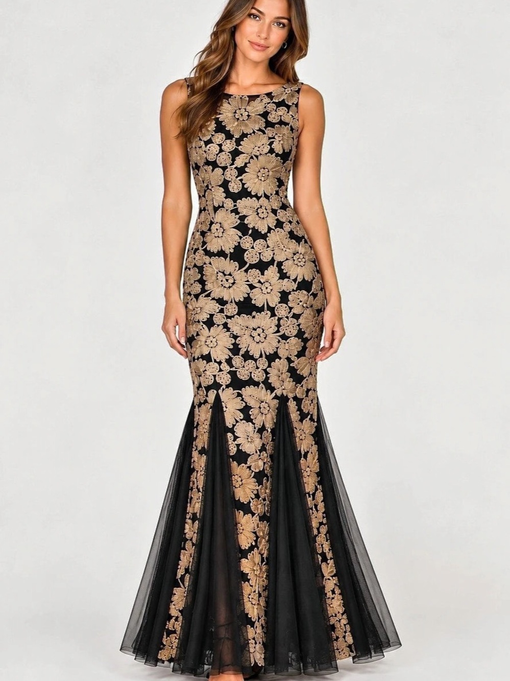 Alex Evenings Black Gold Embroidered Mermaid Gown Size 6 Formal Evening Dress